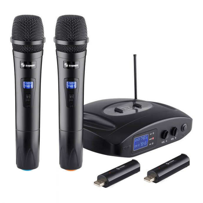 Sistema profesional de 2 microfonos inalambricos UHF, con bateria recargable